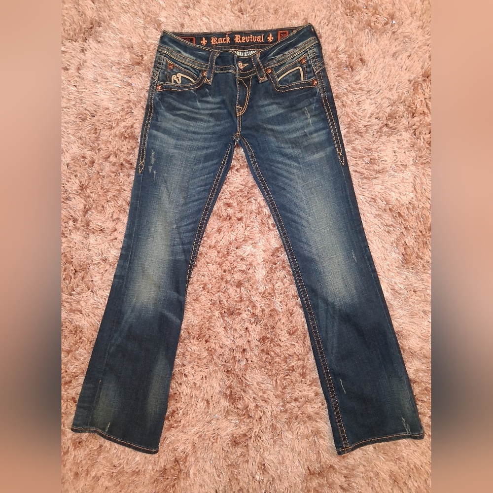 Rock Revival Dark Blue Boot Cut Jeans with Embroidered Back Pockets